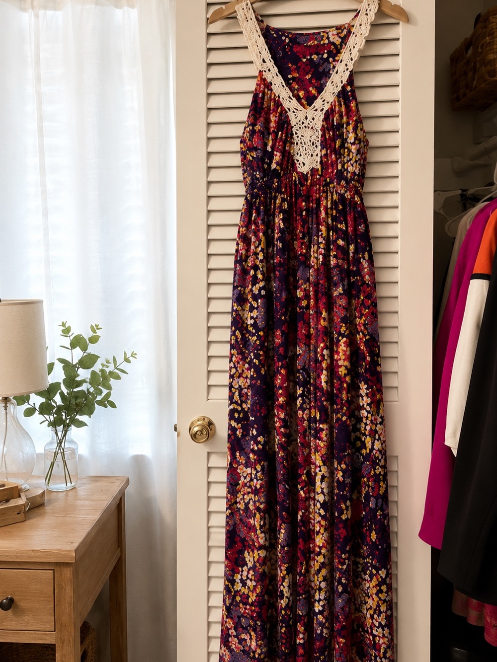 Elle Multicolor Floral Maxi Dress with Cream Crochet Trim